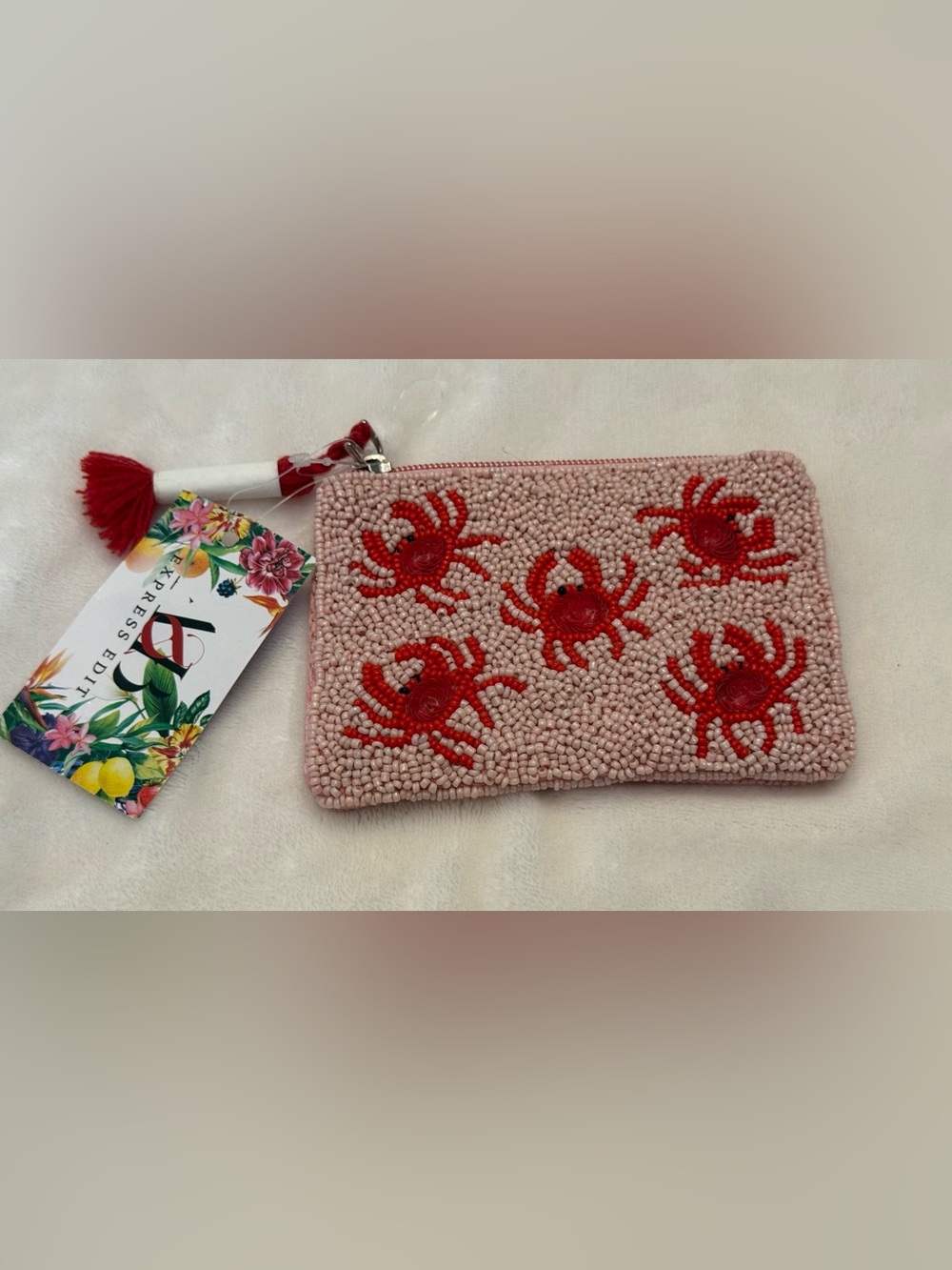Express Edit handcrafted Beaded Pink Crab Wristlet Pouch. NWT